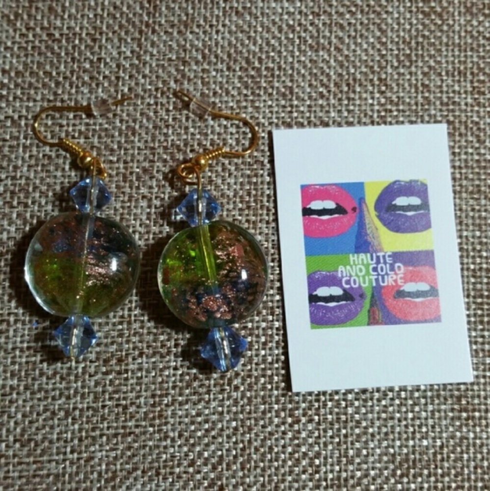 Handmade Pierced Earrings Blue Green Glass